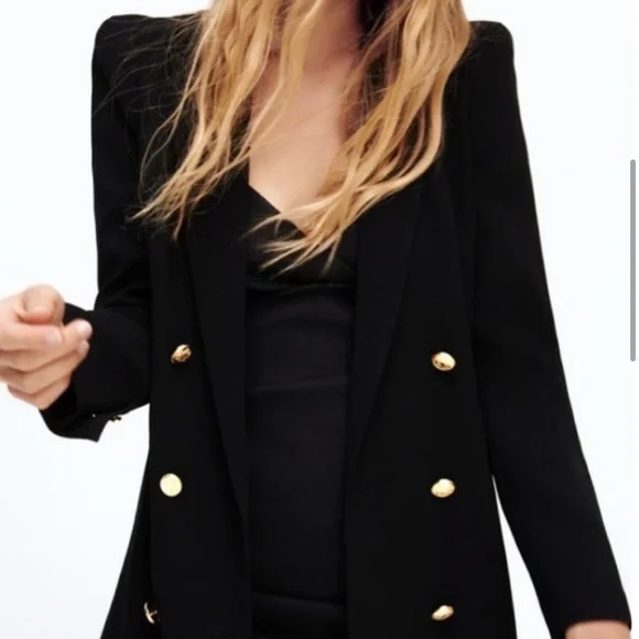 Zara Black Tailored Strong Shoulder Blazer with Gold Buttons - Picture 11 of 16